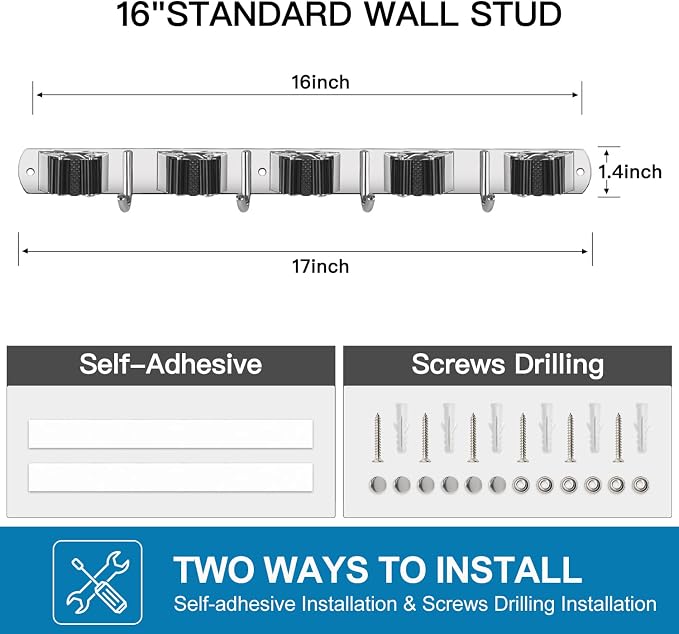 IMILLET 2 Pack Wall Mount Broom Holder Stainless Steel 5 Racks - Image 6