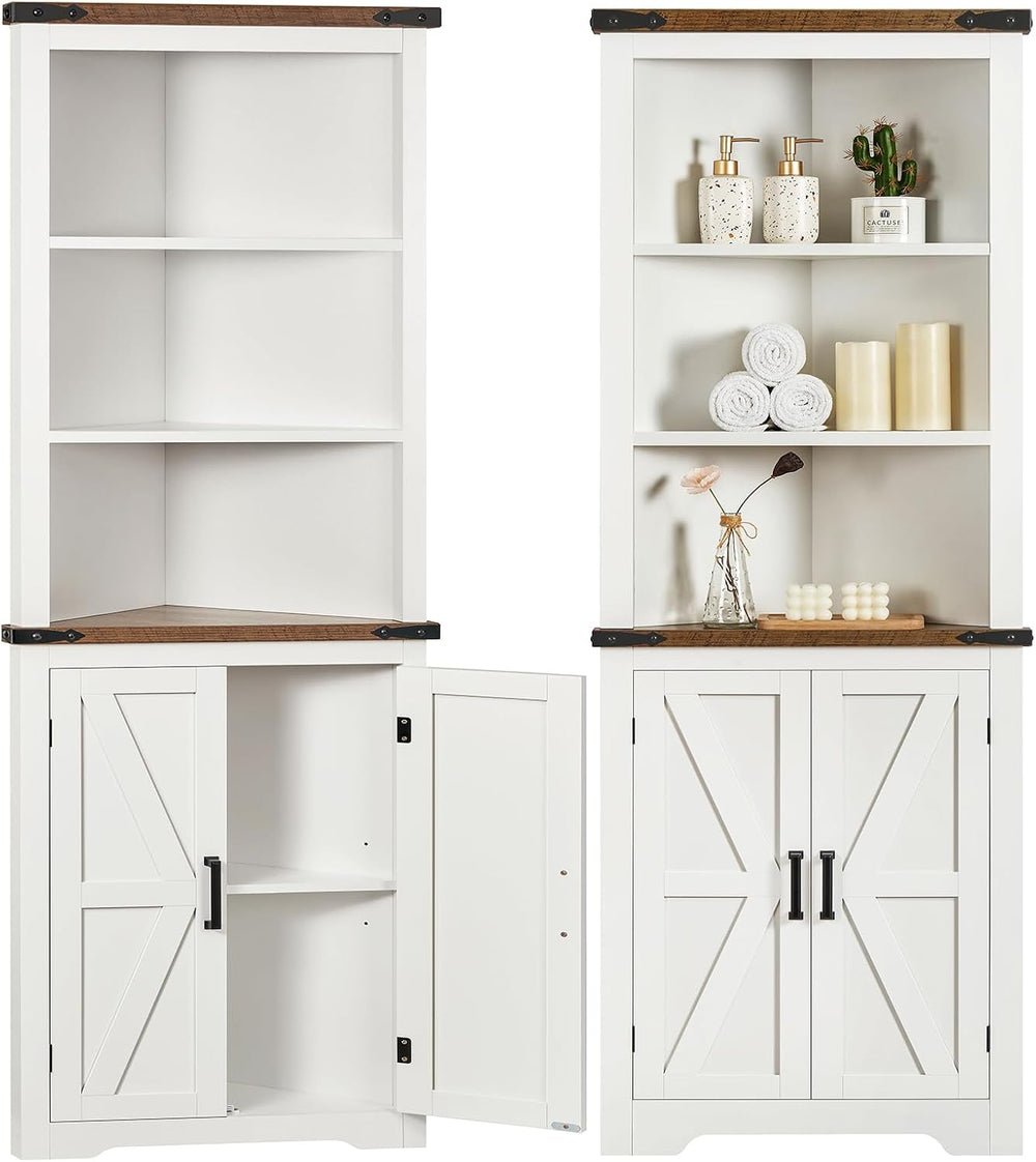TEENFON Farmhouse Corner Cabinet, 70" H Tall Corner Hutch with 5 Shelves...