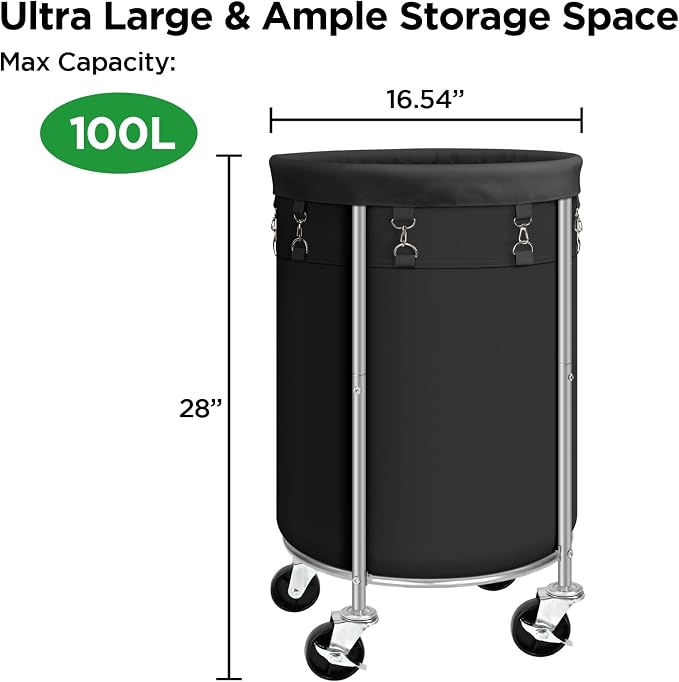 Laundry Hamper with Wheels, 100L Round Rolling Laundry Basket Sorter with - Image 7