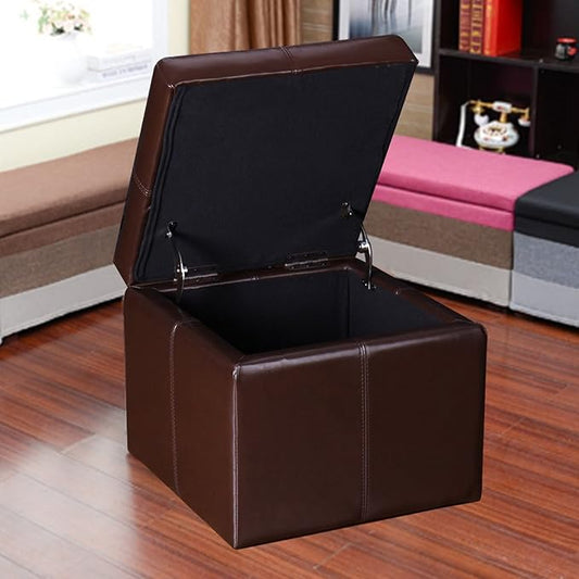 Adeco 17.7" Leather Cube Storage Brown Ottomans - Image 2