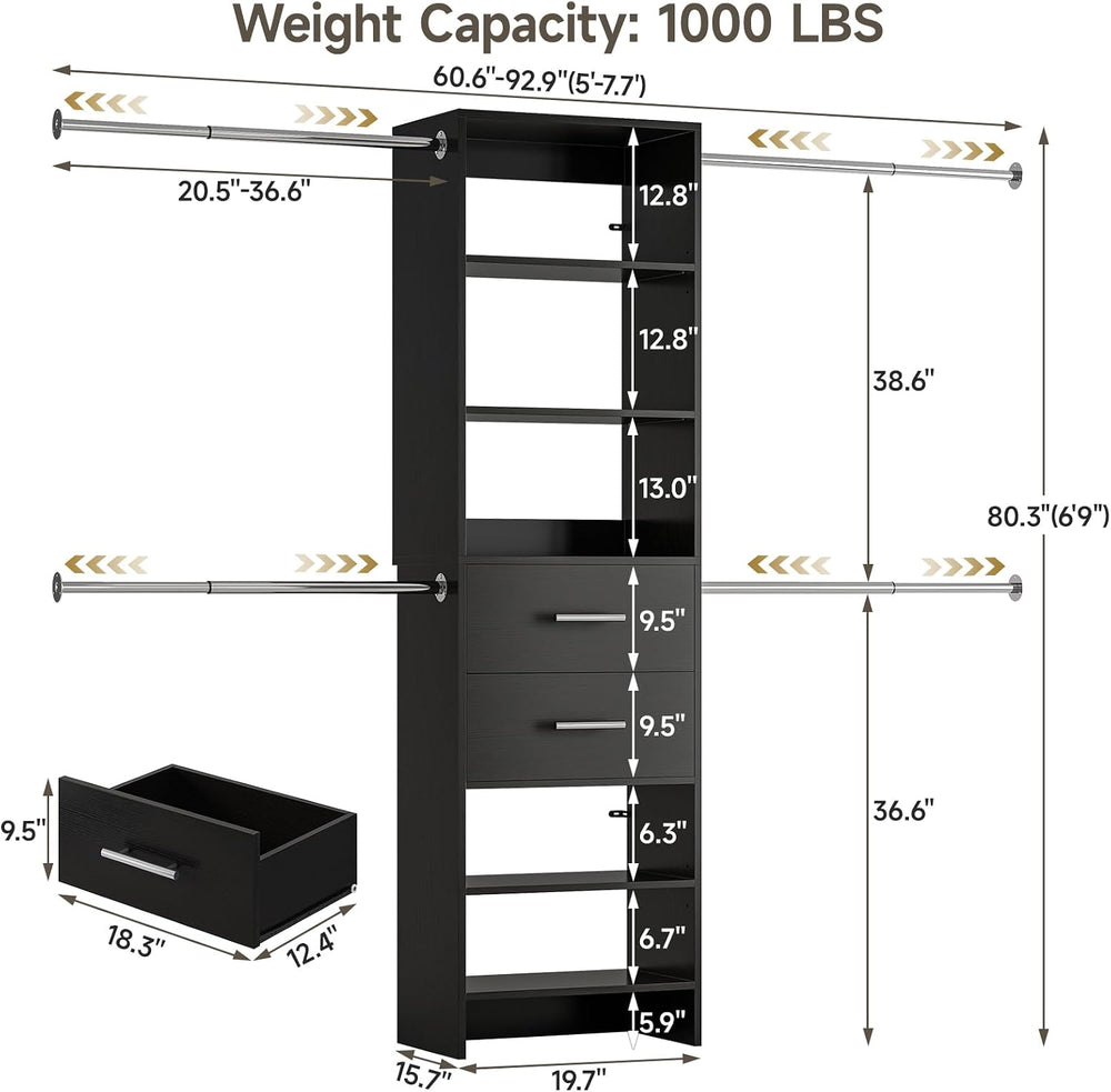 ONBRILL W2 Closet System with 2 Drawers 3.5FT-7.7FT Closet Organizer System
