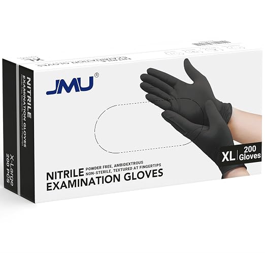 JMU XL Nitrile Gloves, 200 Black Nitrile Gloves, Latex Free, Powder Free by JMU