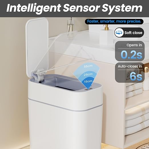 Bathroom Trash Can with Lid: 2.3 Gal Small Slim Motion Sensor Wastebasket - Image 3