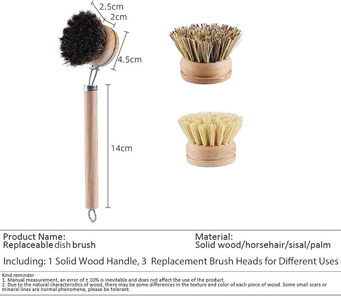 Bamboo Dish Brush with Handle, 1 Sturdy Wooden Handle with 3 Natural Bristle - Image 2