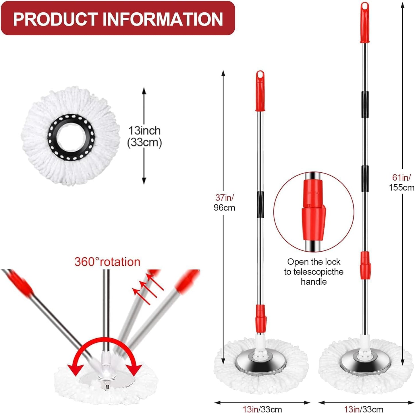 Spin Mop Replacement Handle,360°Spin Mop Pole Handle Replacement Rotating Telescopic Stick for Head Replace, 2 Microfiber Mop,37-to-61 inch Mop Stick Spinning Household Cleaning Accessories for Home