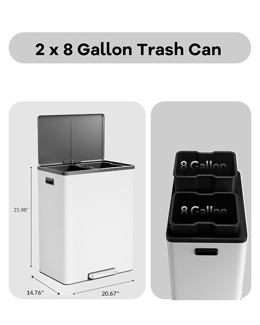 Garvee Dual Trash Can for Recycling and Trash, 2 x 30 L Stainless Steel Kitchen - Image 5