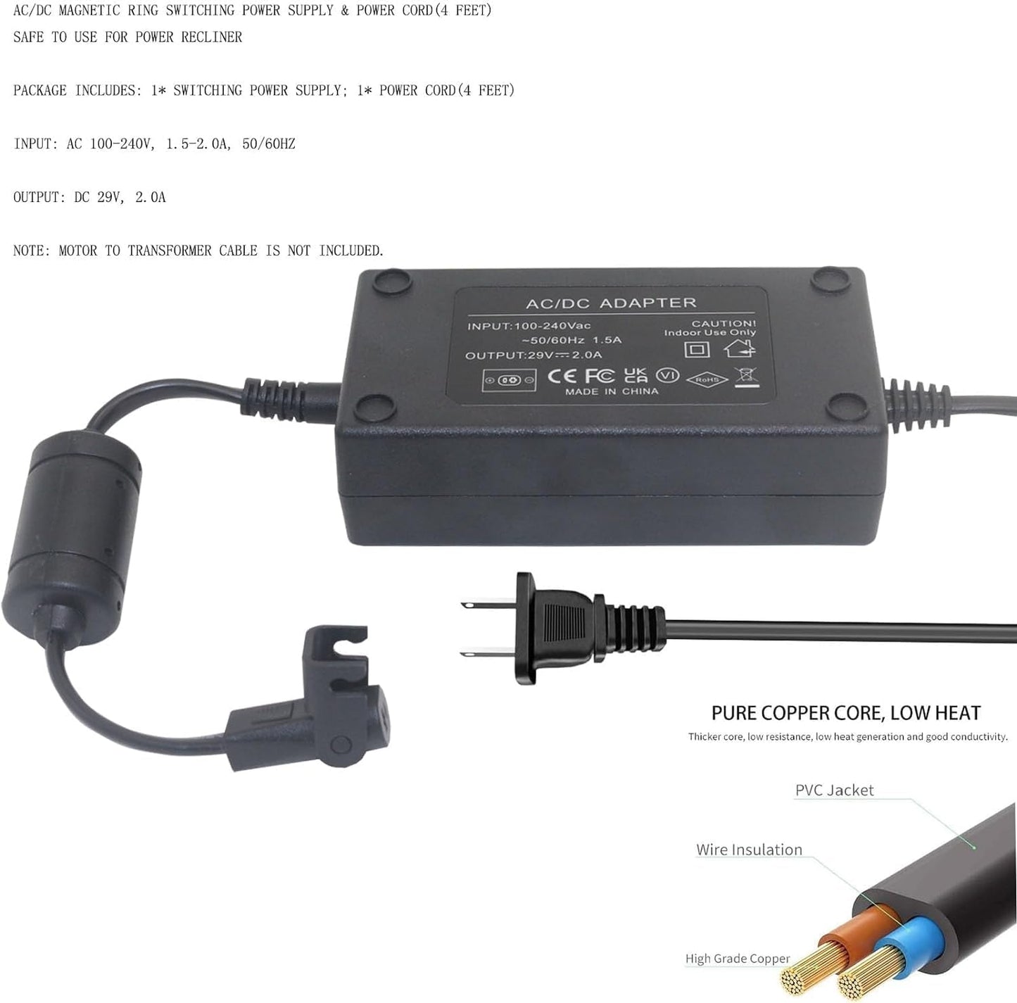 Universal Power Cord for Recliner Chair, 2-pin 29V 2A Recliner Power Supply Whit Magnetic Ring Extension Cable Compatible with Most Models for Recliner, Lift Chairs and Sofa