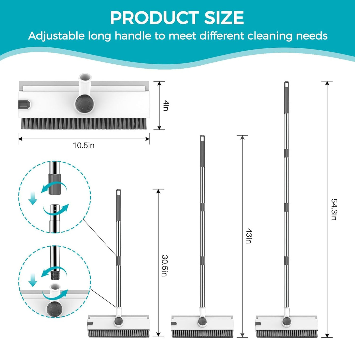 SetSail Floor Scrub Brush, 3 in 1 Floor Scrub Brush with 54-in Adjustable Long Handle and Scraper Heavy Duty Stiff Bristle Floor Scrubber for Cleaning Shower Bathroom Kitchen Patio Garage, Grey&White