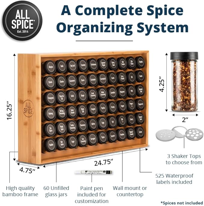 AllSpice Spice Rack Organizer, 525 Unique Labels, Countertop or Wall Mount - Image 3