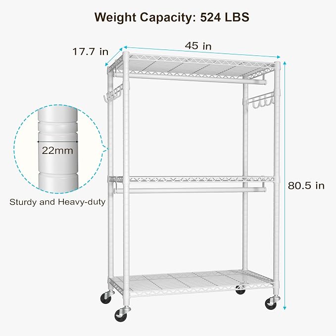FUTASSI P1 Plus Rolling Clothes Rack, 22mm Diameter Heavy Duty Garment Rack - Image 6