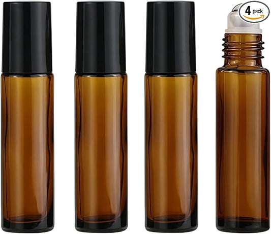 4 Pack 10ml Oil Essential Stainless Roller Bottles, Refillable Amber Glass by Unknown