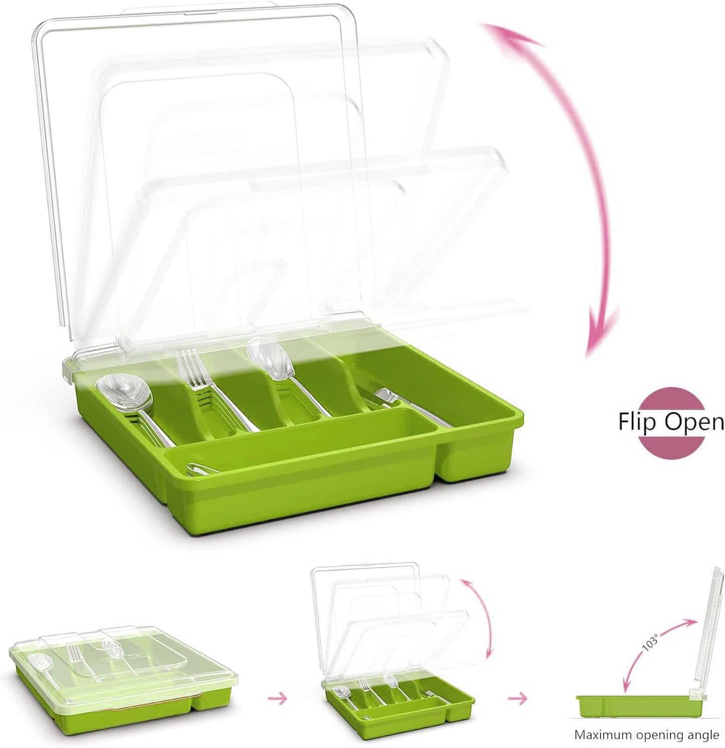 Utensil Holder for Countertop with Lid, Plastic Silverware Tray for Drawer (Green)