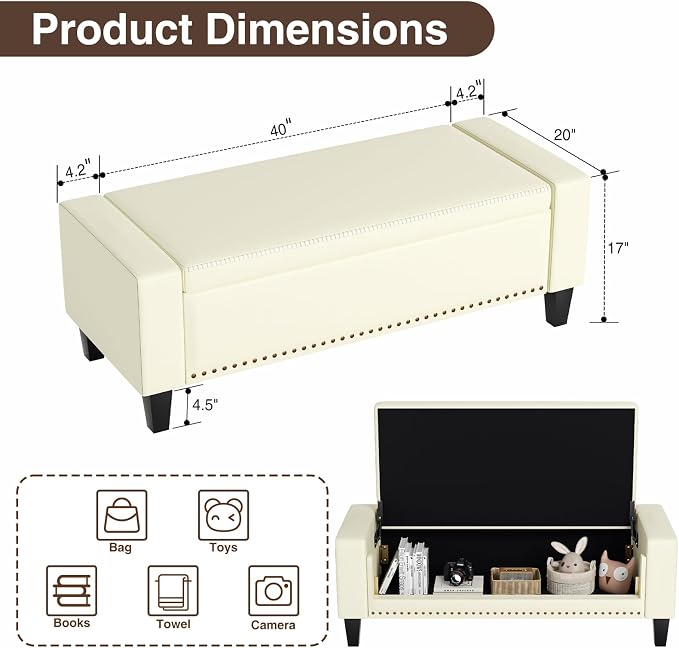 48.8" Storage Ottoman Bench Cream White | Faux Leather Bedroom Bench - Image 2