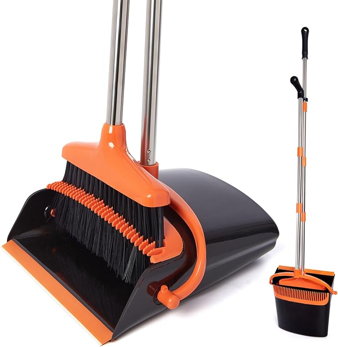 Broom and Dustpan Set with Long Handle, Light Weight Stainless Steel Poles by XXFLOWER