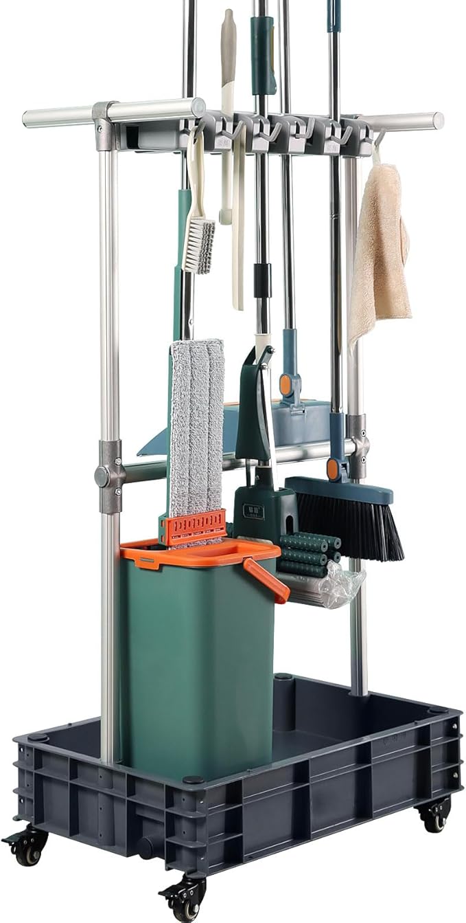 Broom mop Holder Cleaning Supplies Organizer Janitor carts on Wheels by Unknown