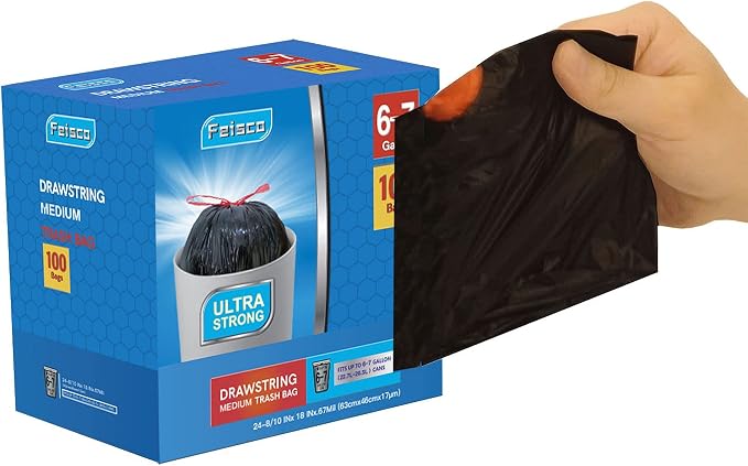 Feisco 6-7 Gallon Black Trash Bag, Medium Drawstring Garbage Bag Trash Can Liner by Feisco