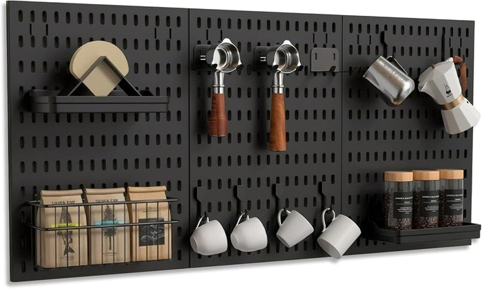 Coffee Pegboard Wall Storage Set – Wall-Mounted Coffee Mug Holder with Hooks, Cup Racks & Baskets– Home & Office Coffee Stations （Black）