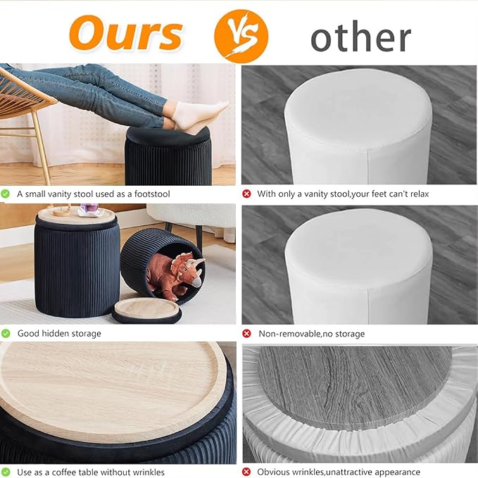 Round Ottoman with Storage Set of 2-Upholstered Velvet Vanity Stool - Image 5
