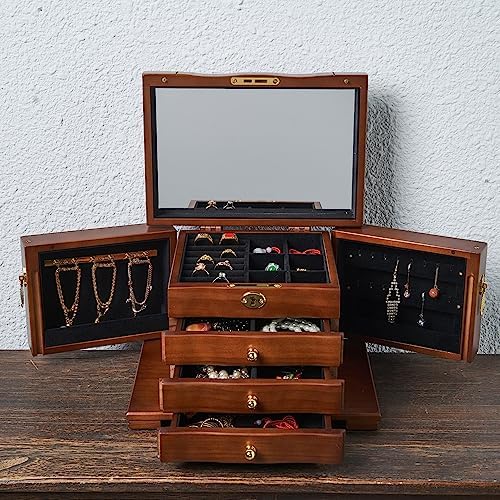 FEECOZ Wooden Jewelry Box for Women, Solid Wood Jewelry Organizer with Mirror...