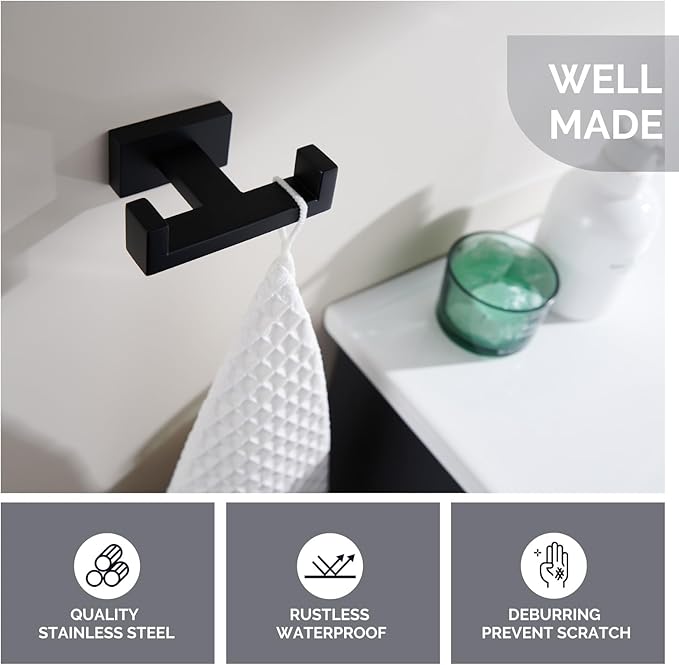 Angle Simple Double Towel Hook Matte Black, Stainless Steel Bathroom Towel - Image 3
