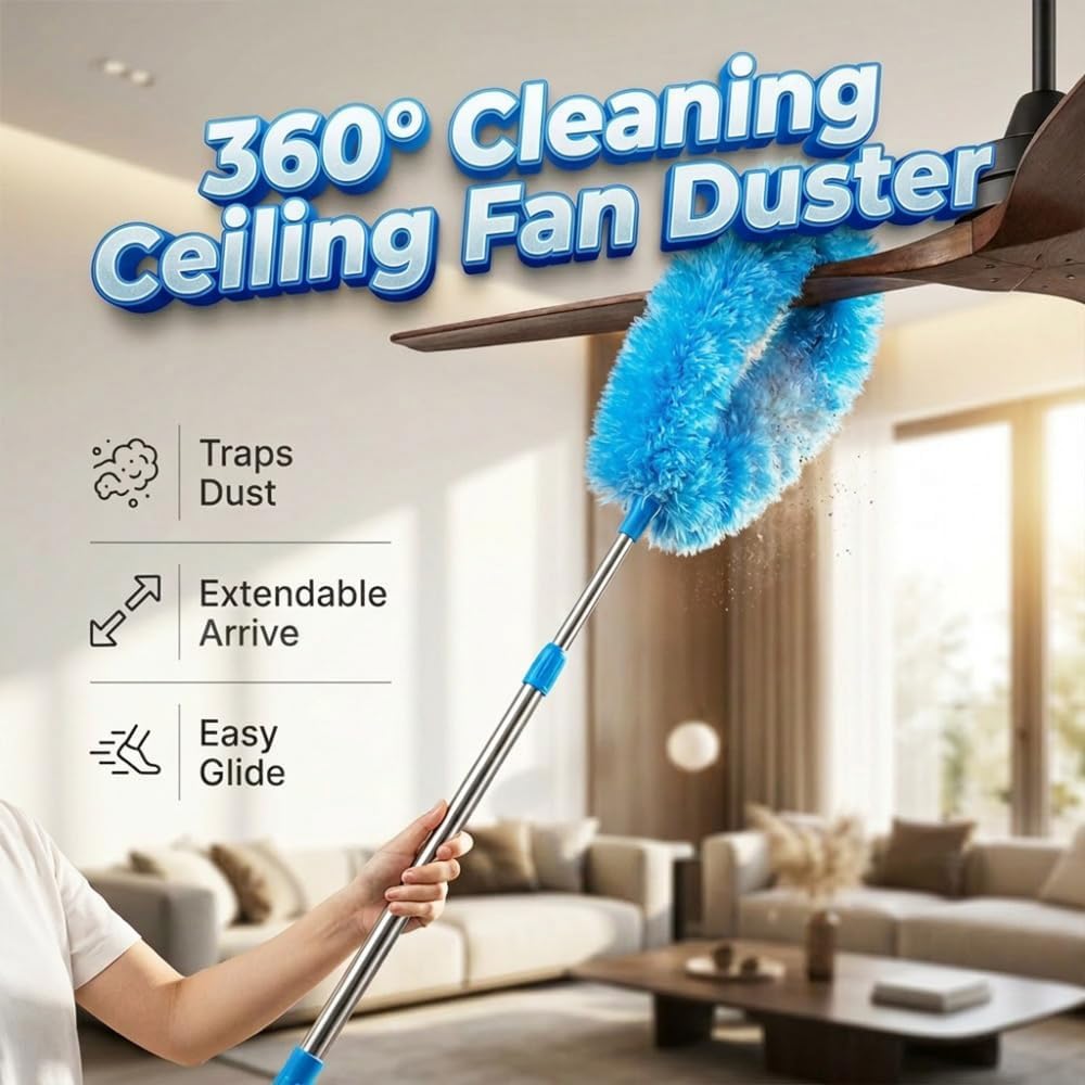 Ceiling Fan Cleaning Duster, 2026 Upgrade Telescopic 3 Section Pole Removable Head Multi Purpose Duster for Indoor Fan Wall Corner Shelf Window Dust Removal Daily Home Use