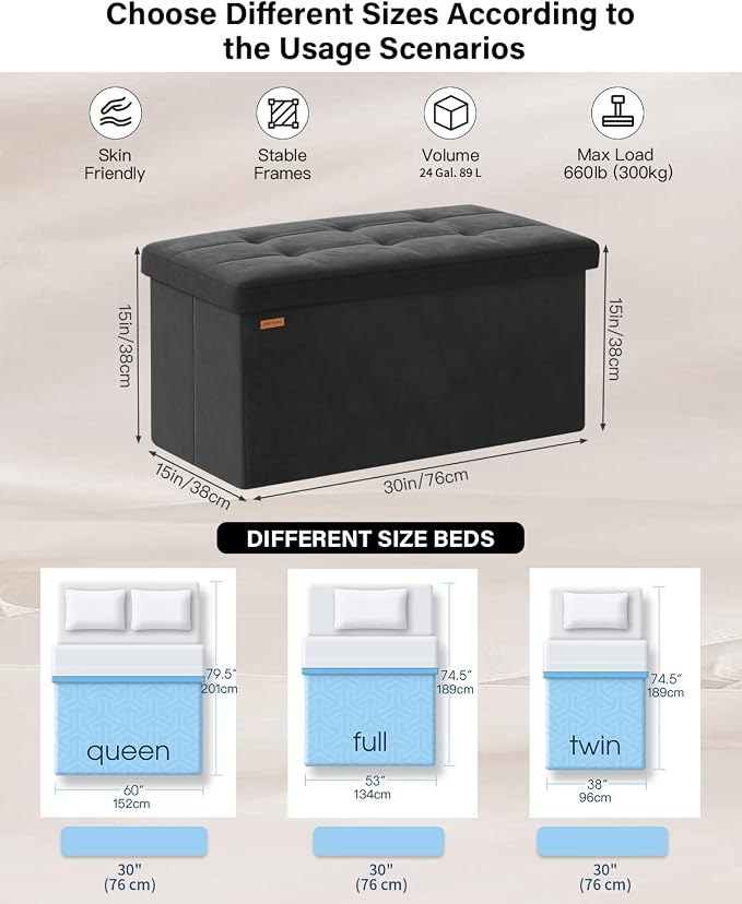 Folding Storage Ottoman, Velvet Storage Bench, Removable Divider, - Image 2