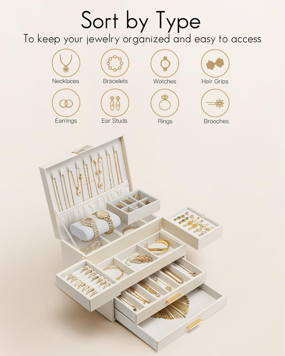 VLANDO Jewelry Box,4-Layer Design with Retractable Tray and 2 Drawers