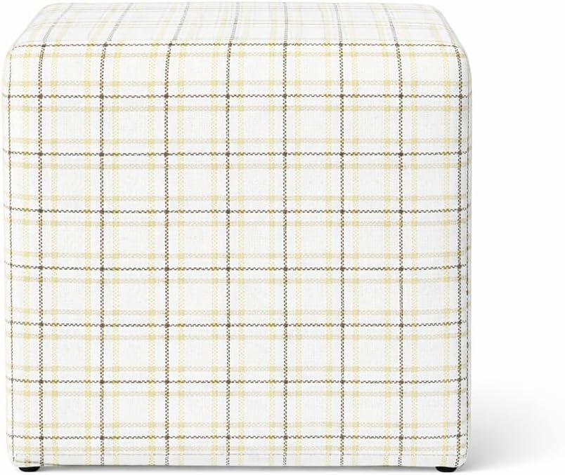HomePop 19" Square Ottoman - Natural Plaid Woven Fabric