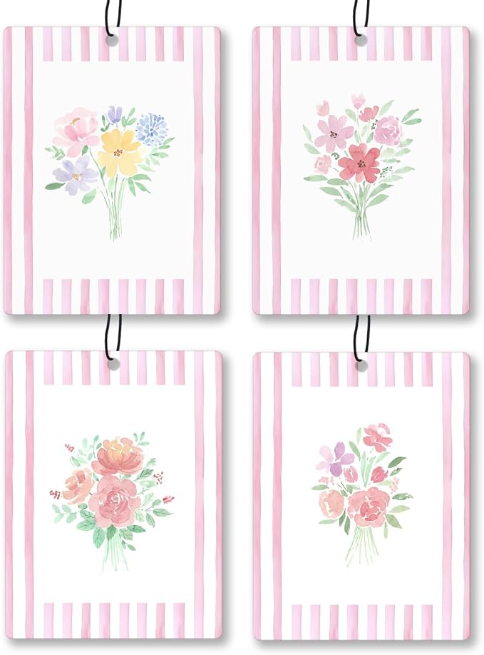 Girly Pink Floral Car Air Freshener 4 Pcs, Preppy Pink Striped Flower Hanging by Unknown