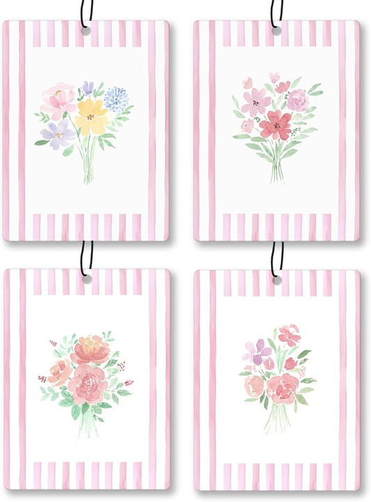 Girly Pink Floral Car Air Freshener 4 Pcs, Preppy Pink Striped Flower Hanging by Unknown