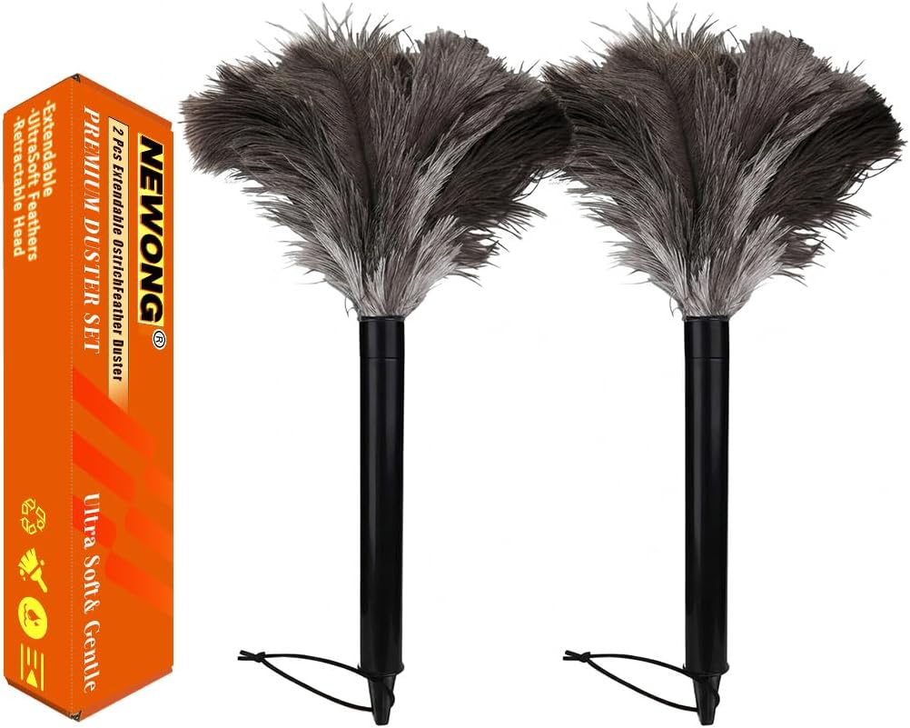 2 Pcs Ostrich Feather Duster Retractable Feather Dusters for Cleaning, Washable, Handheld Duster for Home, Car, Office, Desk, Blinds & Keyboard