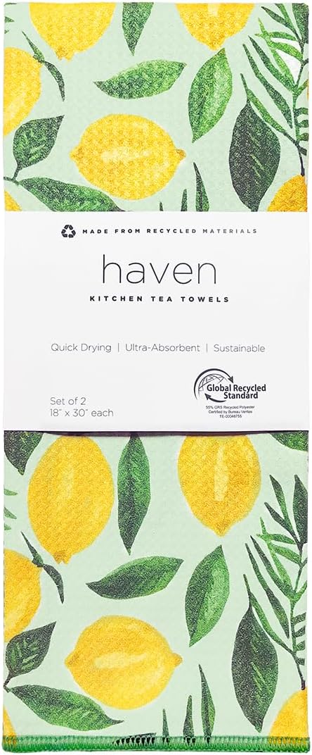 KAF Home Haven Kitchen Tea Towel - Set of 2 Quick Drying Microfiber Cloth Towels - 18 x 30 - Lemons