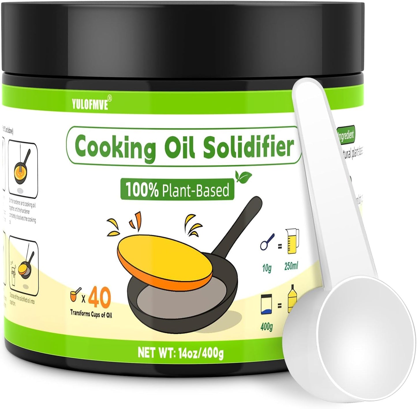 Cooking Oil Solidifier Powder, 14 oz Solidifies Up to 40 Cups from Mess, 100% Plant-Based Grease Hardener for Easy Disposal, No Clogged Drains, for Frying Oil and Bacon Grease