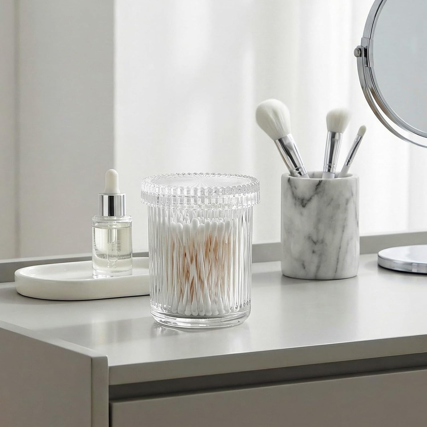rejomiik 2 Pack Qtip Holder Glass Apothecary Jars with Lids, Ribbed Clear | Bathroom Canisters Vanity Organizer for Cotton Swabs, Balls, Pads, Floss Picks, Candy, Jewelry, Makeup Storage, Decor