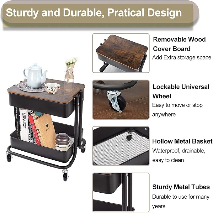 Melody House 2-Tier Metal Utility Rolling Cart Storage Organizer - Image 4