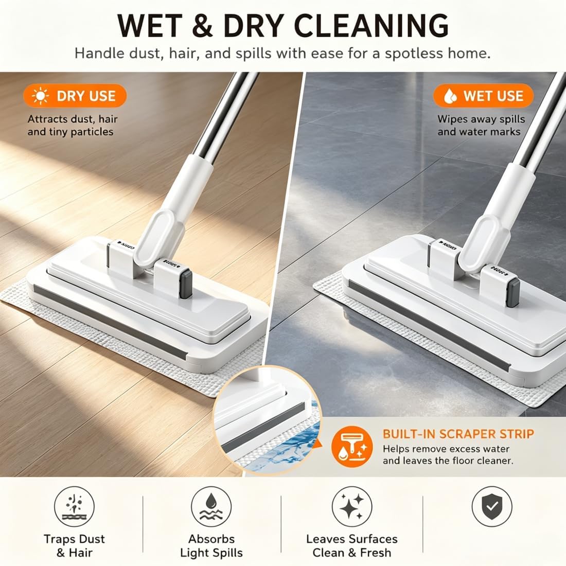 Hands Free Flat Mop, 2026 Upgraded Hands Free Multi Purpose Flat Mop, Multifunctional Lazy Mops with One-Click Cloth Attachment with 10 Reusable Cloths, Ideal for Washbasin and Kitchen (43in)