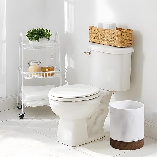 Polytree White Marble and Brown Wood Round Wastebasket, Resin Small Round - Image 5