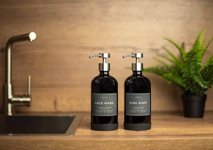 16oz Glass Soap Dispenser with Stainless Steel Pump, 21 Waterproof Labels - Image 9