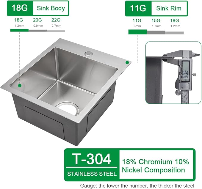 15x17 inch Bar Sink Drop in, Handmade 304 Stainless Steel Sink, R10 Tight Radius - Image 4