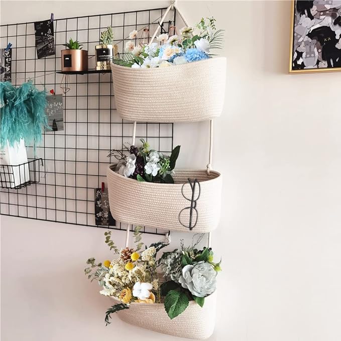 TeoKJ Over the Door Hanging Baskets, 3-Tier Woven Cotton Storage Organizer Bag - Image 4