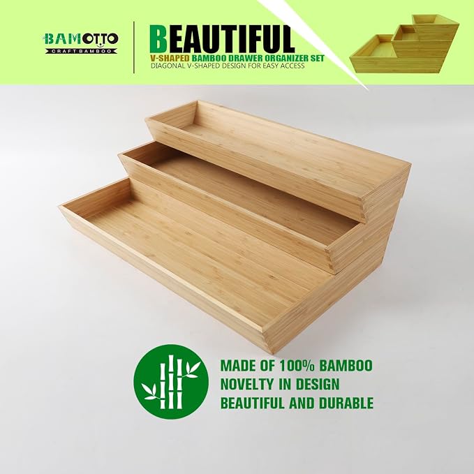 V-Shaped Bamboo Drawer Organizer Set of 3, Kitchen Large and Long Utensil Plate - Image 4