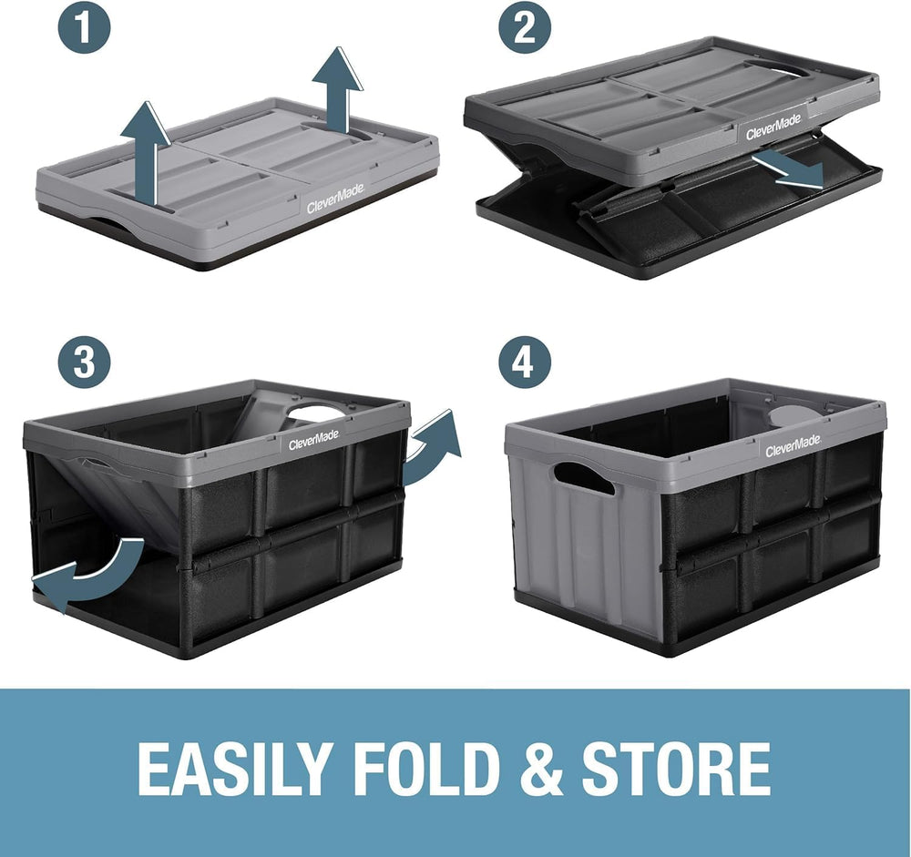 CleverMade Collapsible Storage Bins, 46L 3 Pack, 75 lb Stackable, Obsidian