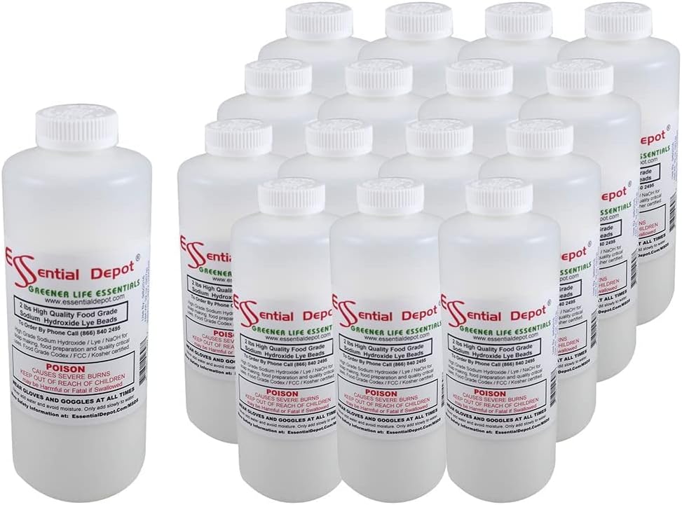 Essential Depot 32 lbs Food Grade Sodium Hydroxide Lye Evenly-Sized Micro Pels (Beads or Particles) - 16 x 2lb Bottles - Lye Drain Cleaner - HDPE Container with Resealable Child Resistant Cap