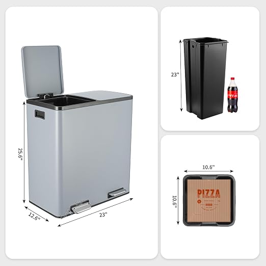 Arlopu 16 GallonStainless Steel Trash Can, 60L Dual Compartment, Metal Kitchen - Image 2