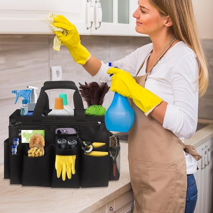 Qivine Cleaning Caddy with Handle, Cleaning Supply Caddy Foldable Tool Bag - Image 2