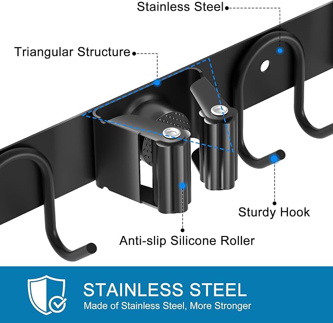 Broom Holder Wall Mount, 2 Packs Black Stainless Steel Tool Storage Organizer - Image 4