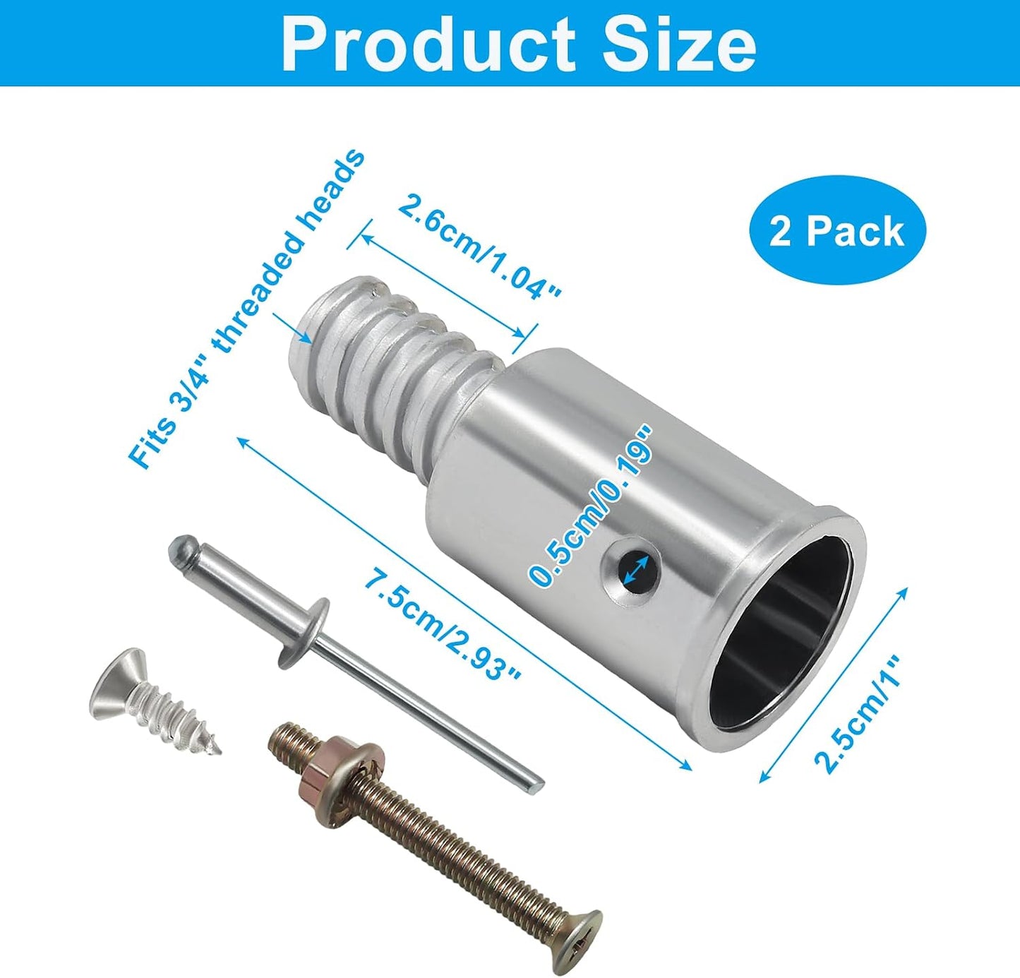 2 Pack Threaded Tips Replacement, 1" Threaded End Push Broom Handle, Reliable 1" Threaded End for Repairing Extension Poles/DIY Enthusiasts