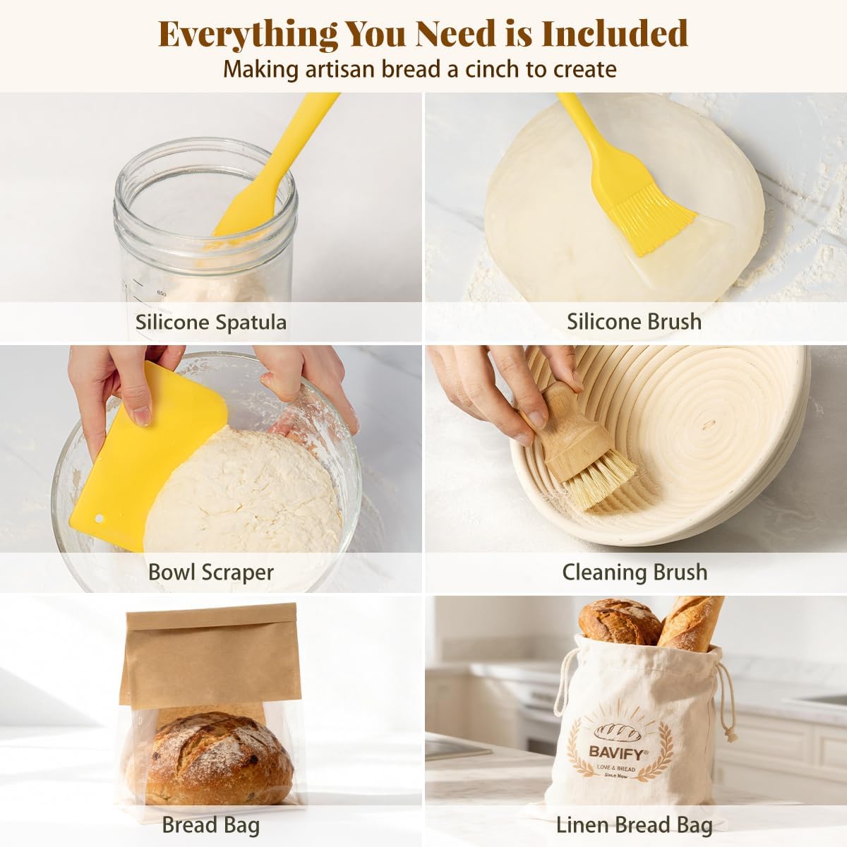 BAVIFY Sourdough Starter Kit, Banneton Bread Proofing Baskets Set | Complete Sourdough Bread Baking Supplies, Beginner Friendly, 9 in Round and 10 in Oval Rattan Banneton & 24 oz Starter Jar