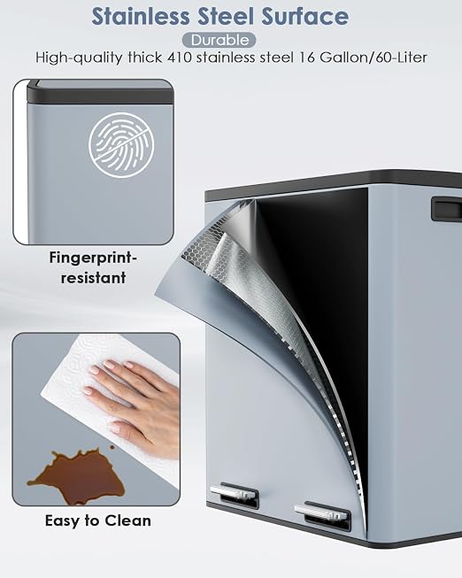 AthLike 60L Dual Trash Can, Stainless Steel Kitchen Garbage Can, Double - Image 4