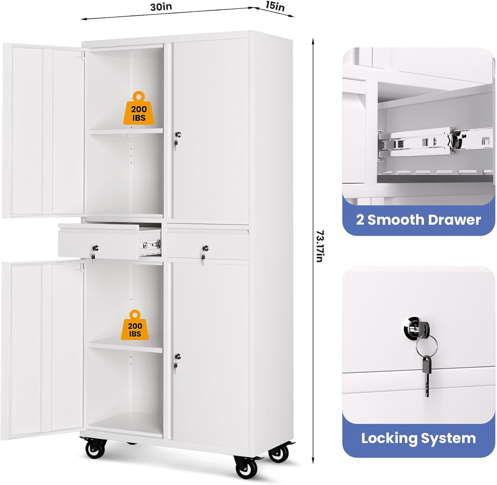 Metal Storage Cabinet with Wheels, 72” Rolling Garage Organizer with Locking ...